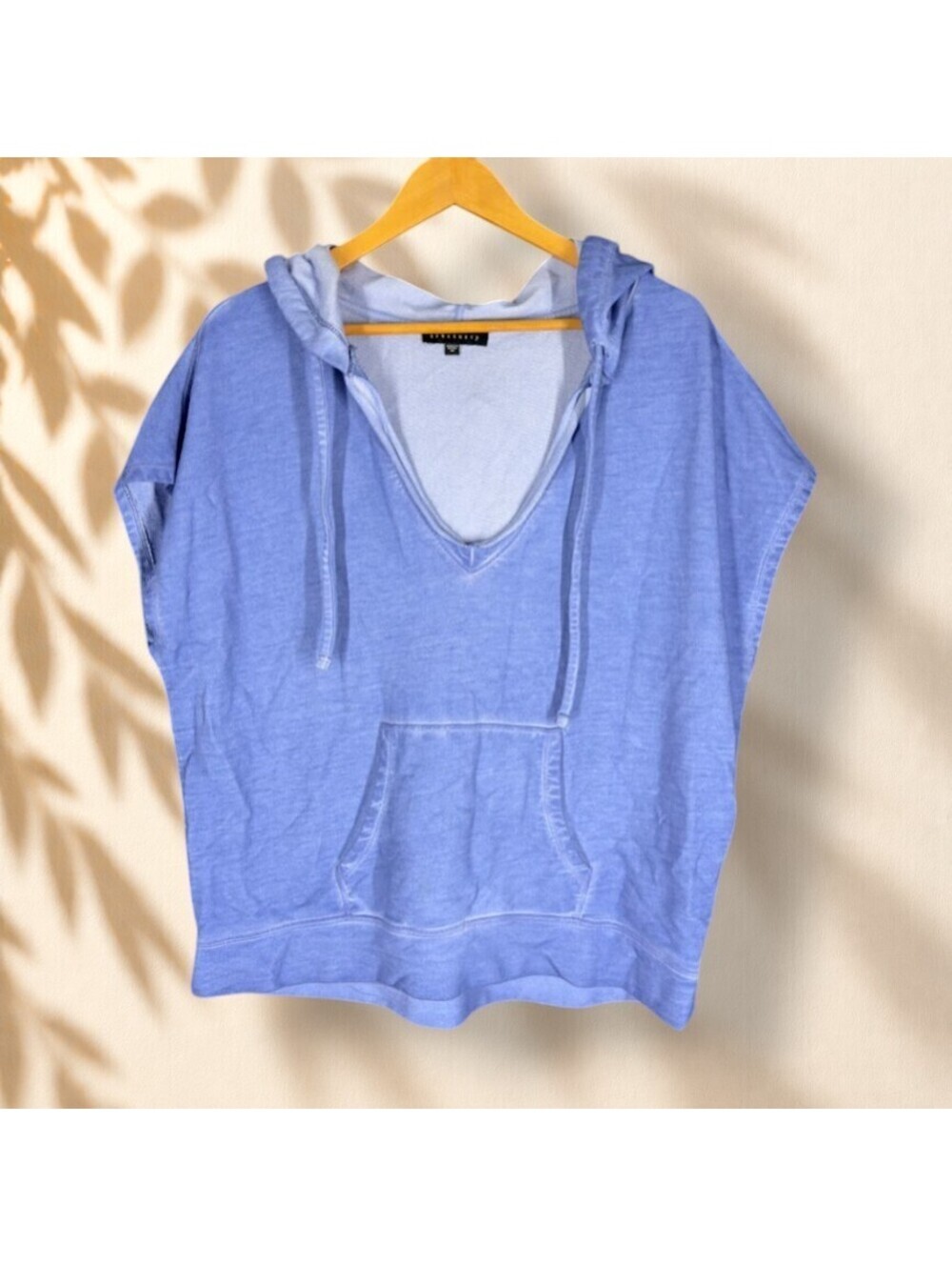 Sactuary Hoodie Women Women M Medium Blue V-Neck Tasseled Hooded Short Sleeve